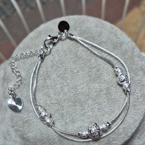 Silver Multi-Strand Bracelet with Heart Charm and Clear Beads